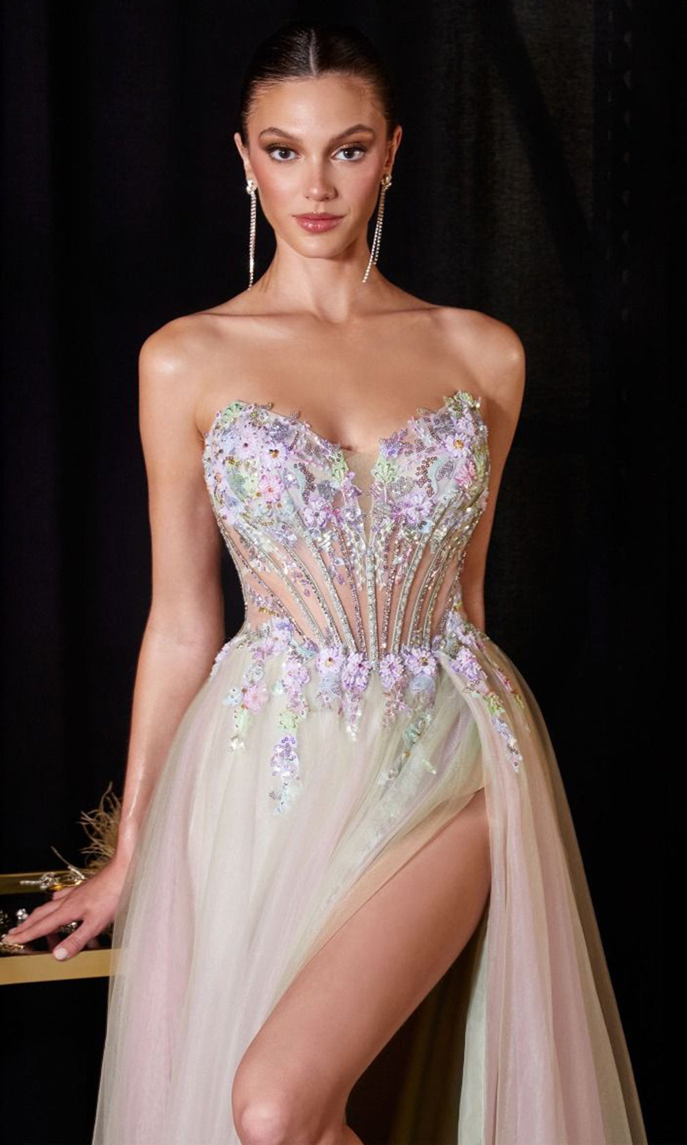 Ladivine CD2418 - Plunging V-Neck Floral Beaded Evening Dress