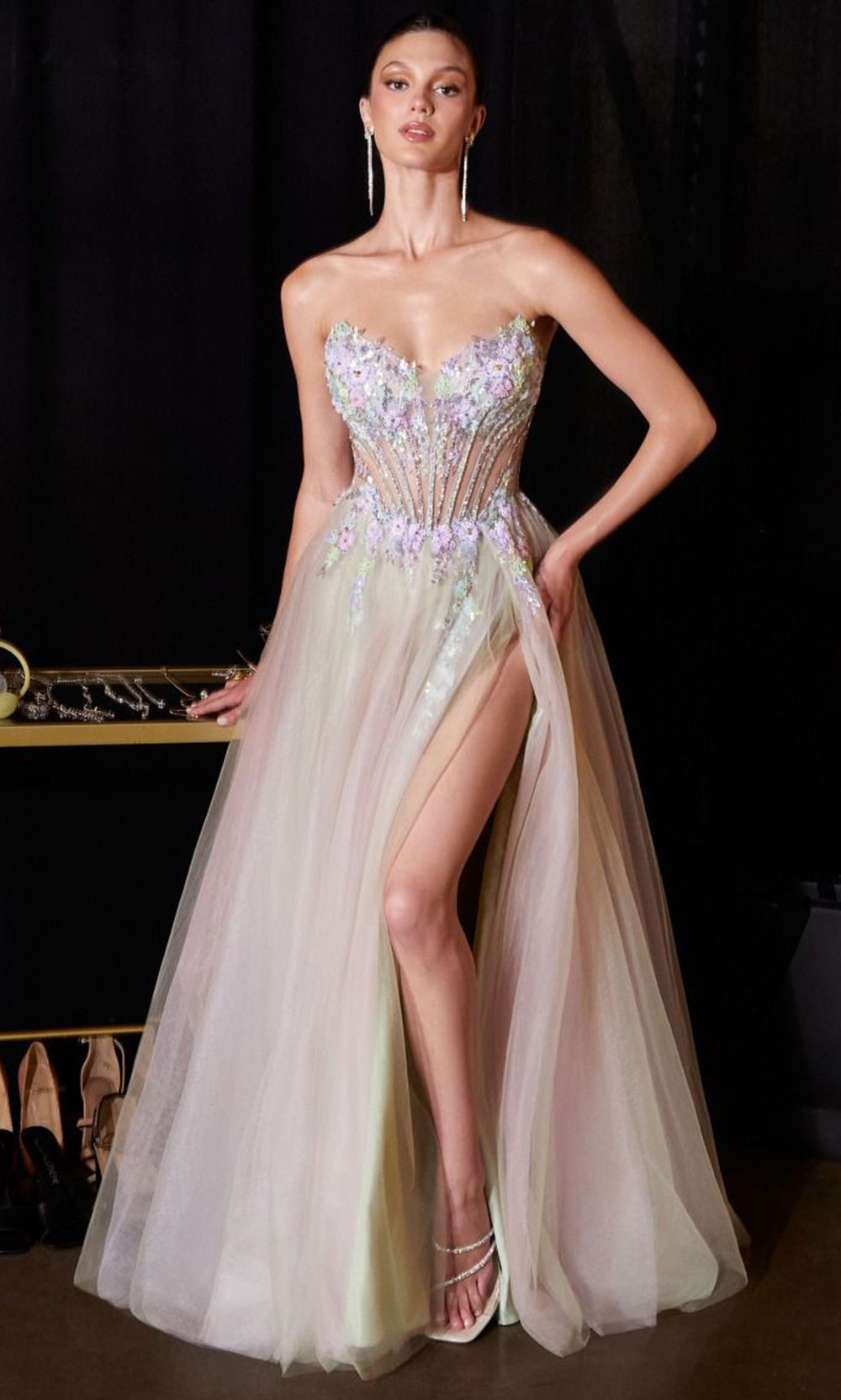 Ladivine CD2418 - Plunging V-Neck Floral Beaded Evening Dress