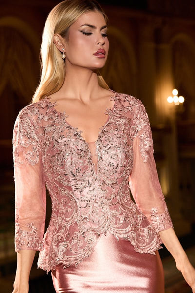 Ladivine CD720 - Lace Appliqued Satin Mermaid Gown Formal Gowns in Pink