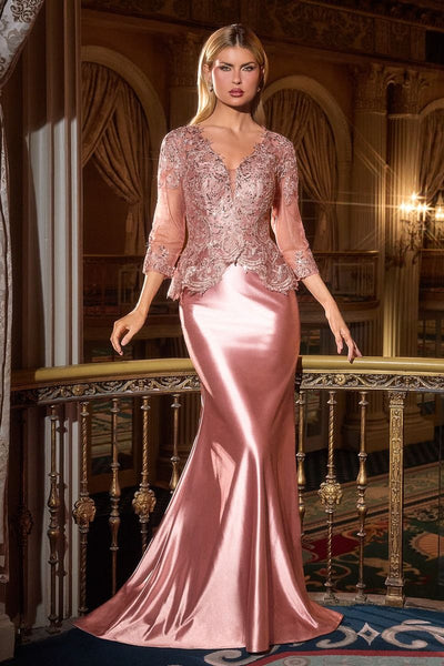 Ladivine CD720 - Lace Appliqued Satin Mermaid Gown Formal Gowns in Pink