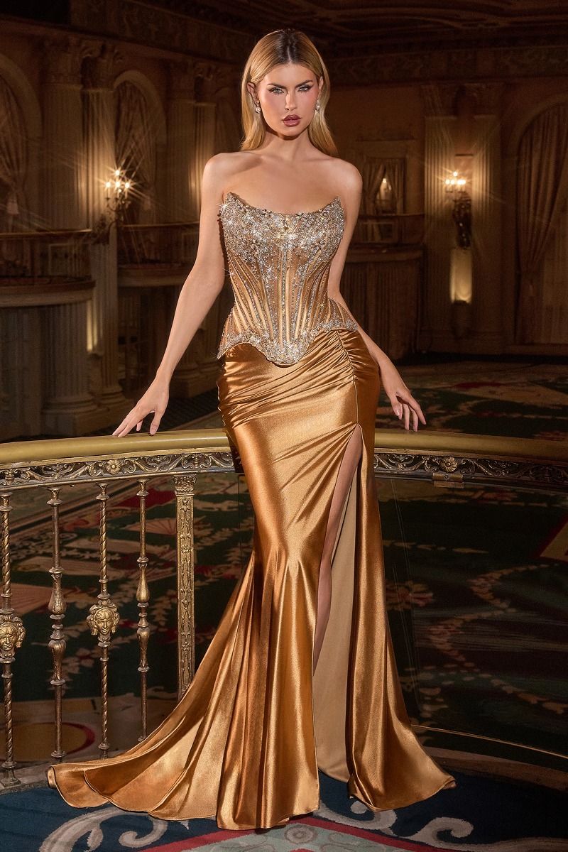 Ladivine CD733 - Beaded Corset Scoop Neck Long Gown In Brown and Gold