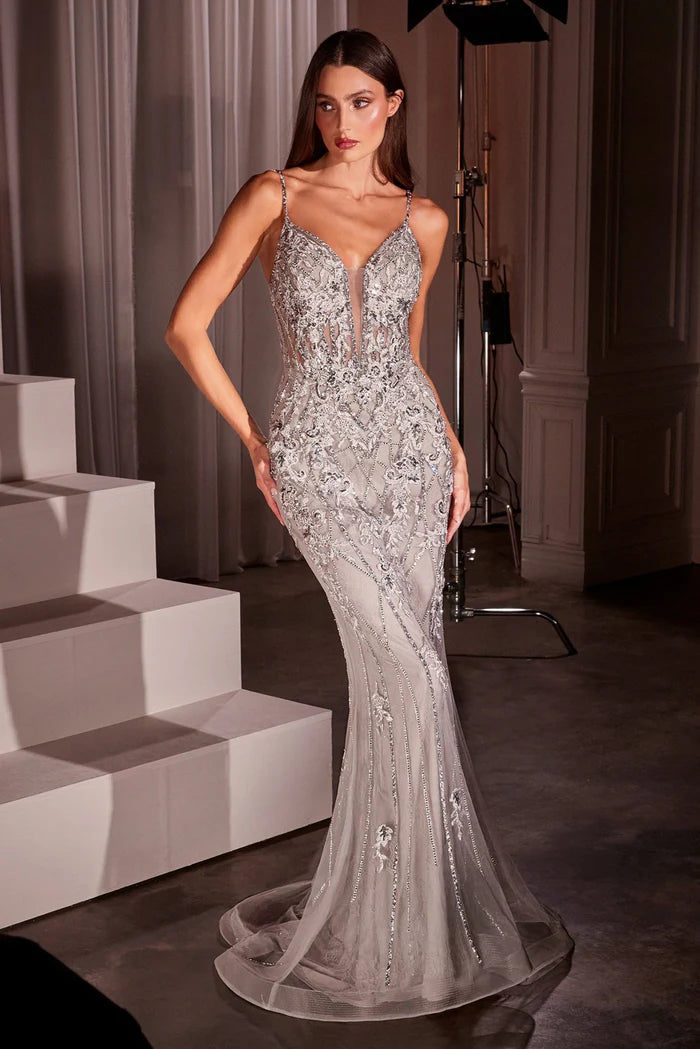 Ladivine CD795 - Spaghetti Straps Appliqued Prom Dress