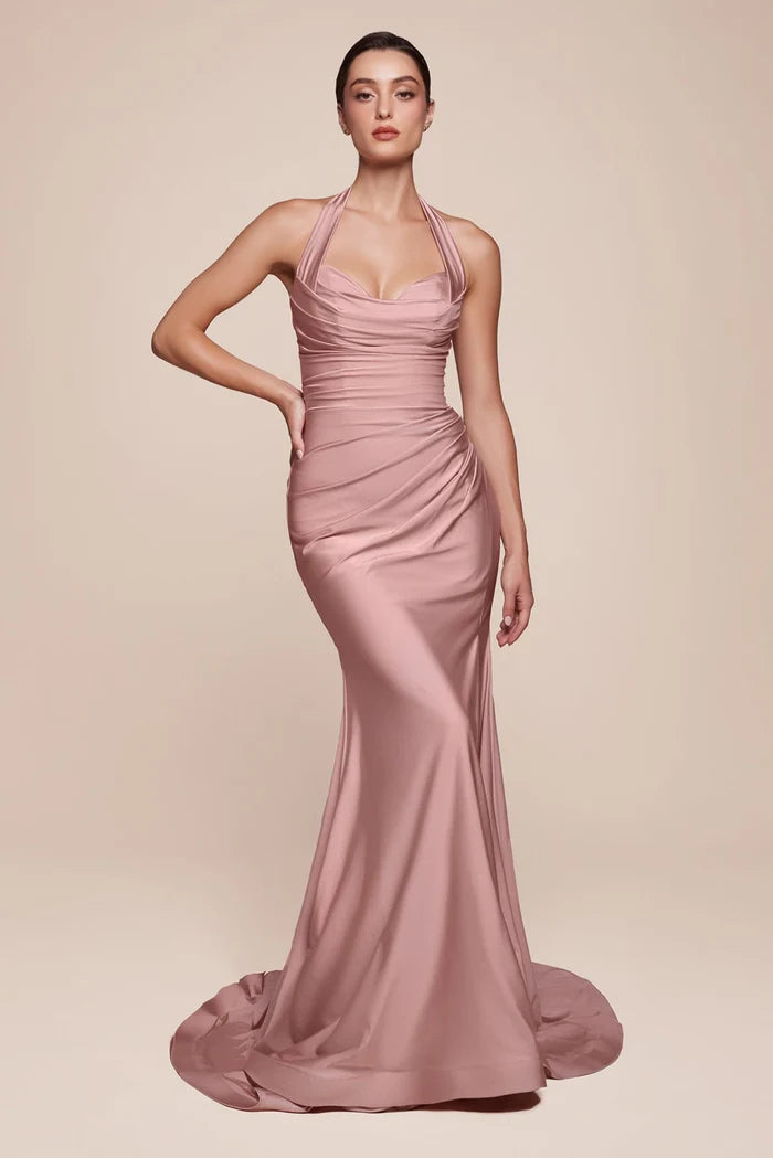 Cinderella Divine CD796 - Halter Ruched Satin Dress