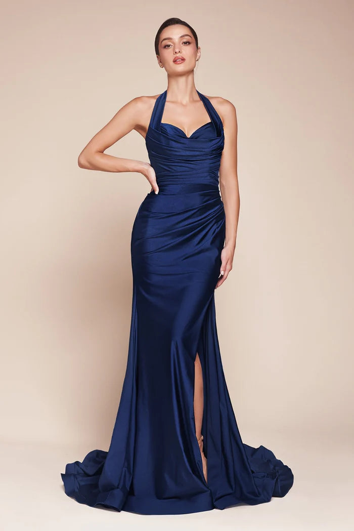 Cinderella Divine CD796 - Halter Ruched Satin Dress