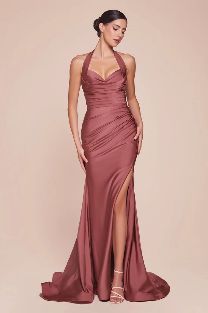 Cinderella Divine CD796 - Halter Ruched Satin Dress