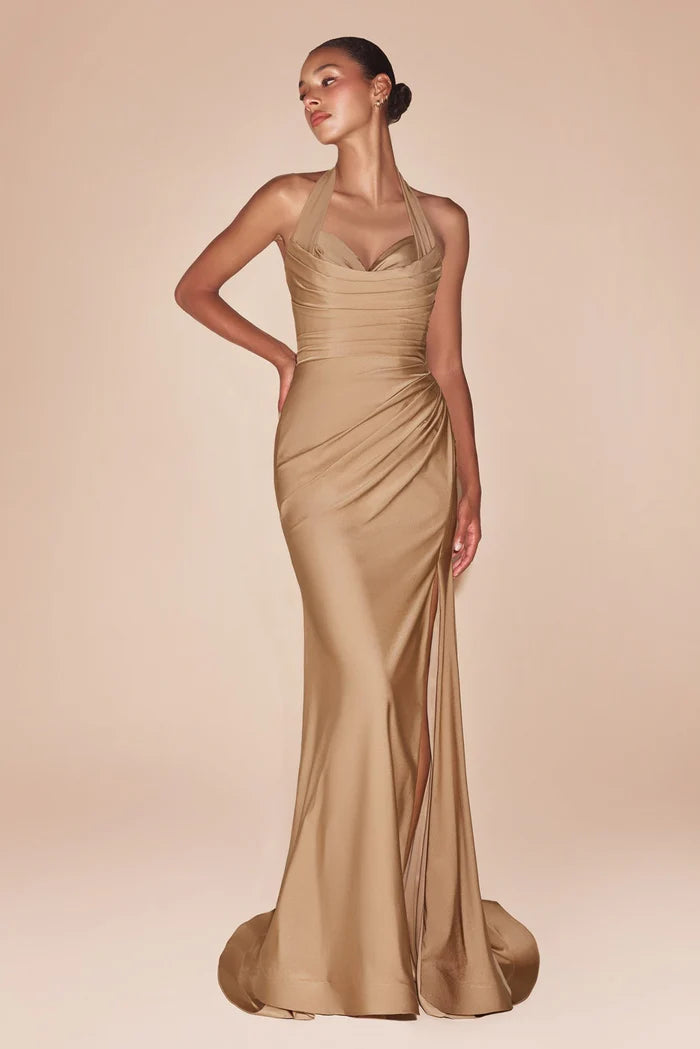 Cinderella Divine CD796 - Halter Ruched Satin Dress