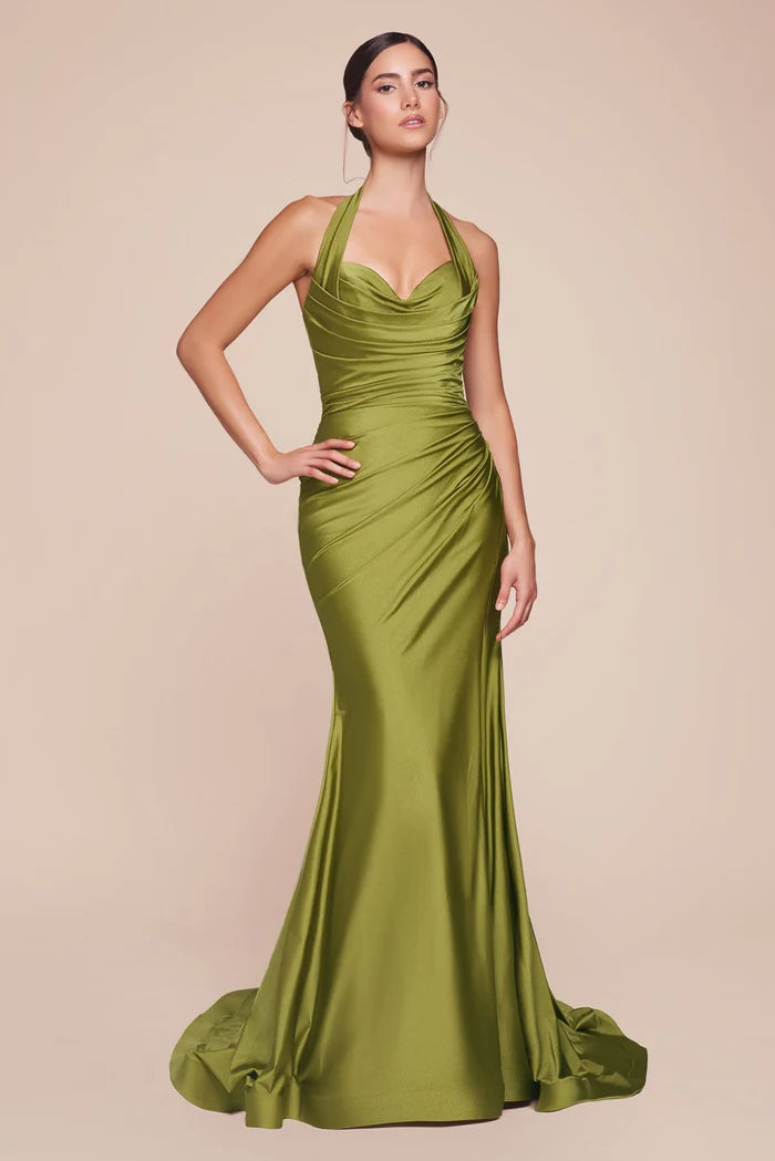 Cinderella Divine CD796 - Halter Ruched Satin Dress
