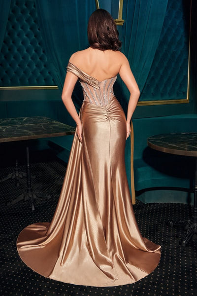 Ladivine CDS542 - Crystal Beaded Sweetheart Evening Gown In Brown and Gold
