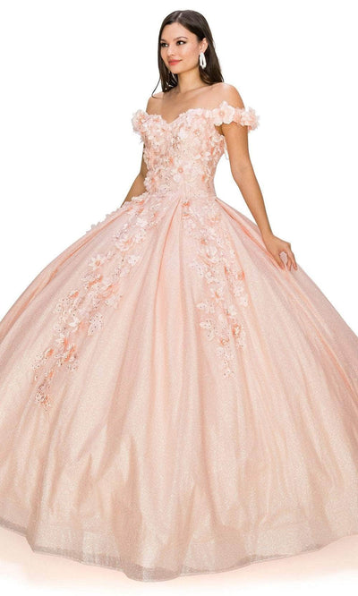 Cinderella Couture 8020J - Off Shoulder Floral Glitter Ballgown Special Occasion Dress XS / Blush