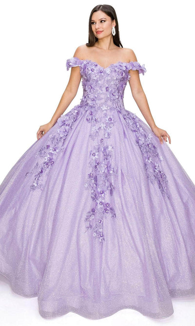 Cinderella Couture 8020J - Off Shoulder Floral Glitter Ballgown Special Occasion Dress XS / Lilac