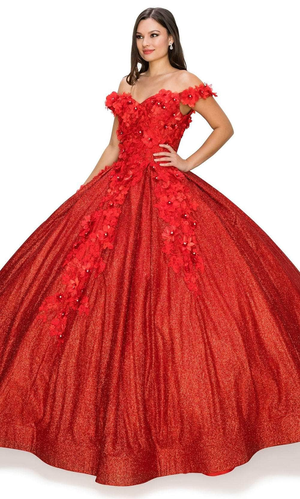 Cinderella Couture 8020J - Off Shoulder Floral Glitter Ballgown Special Occasion Dress XS / Red