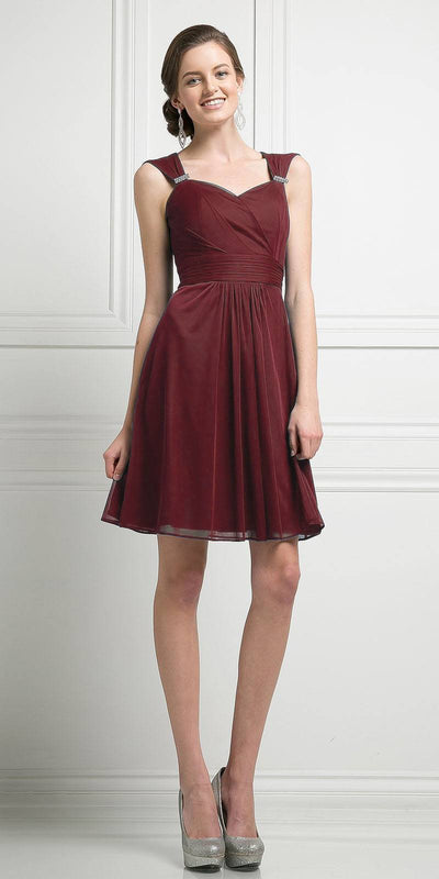 Cinderella Divine - 3832 Wide Strap Keyhole Back Ruched Cocktail Dress Cocktail Dresses XS / Burgundy