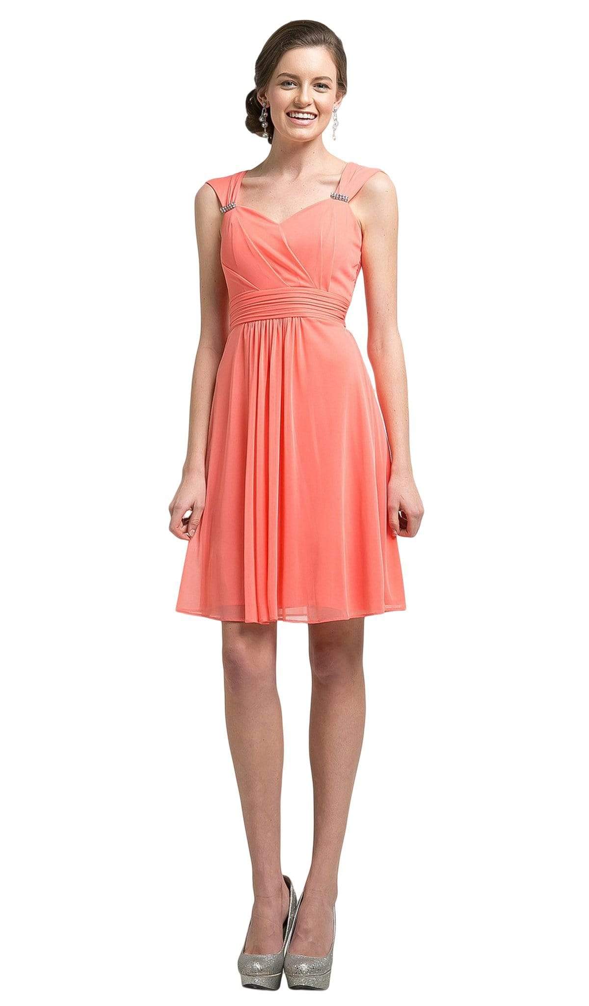 Cinderella Divine - 3832 Wide Strap Keyhole Back Ruched Cocktail Dress Cocktail Dresses XS / Coral