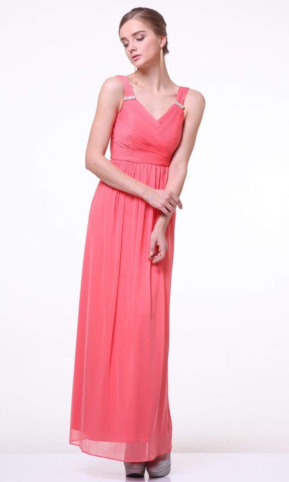 Cinderella Divine - 3984 V-Neck Ruched Bodice Chiffon A-Line Gown Bridesmaid Dresses XS / Coral