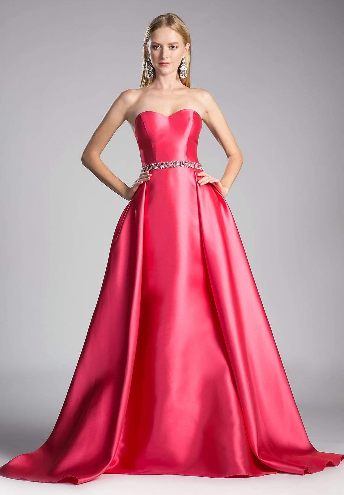 Ladivine - 455 Beaded Belt Strapless Silk Gown with Overskirt Special Occasion Dress 2 / Guava