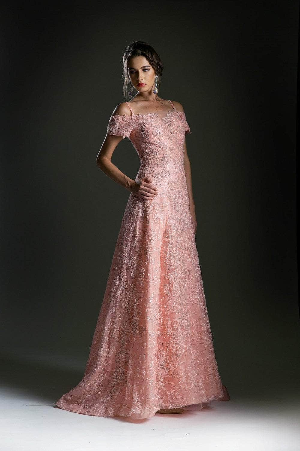 Cinderella Divine 5326 - Cold Shoulder Floral Lace Gown Special Occasion Dress
