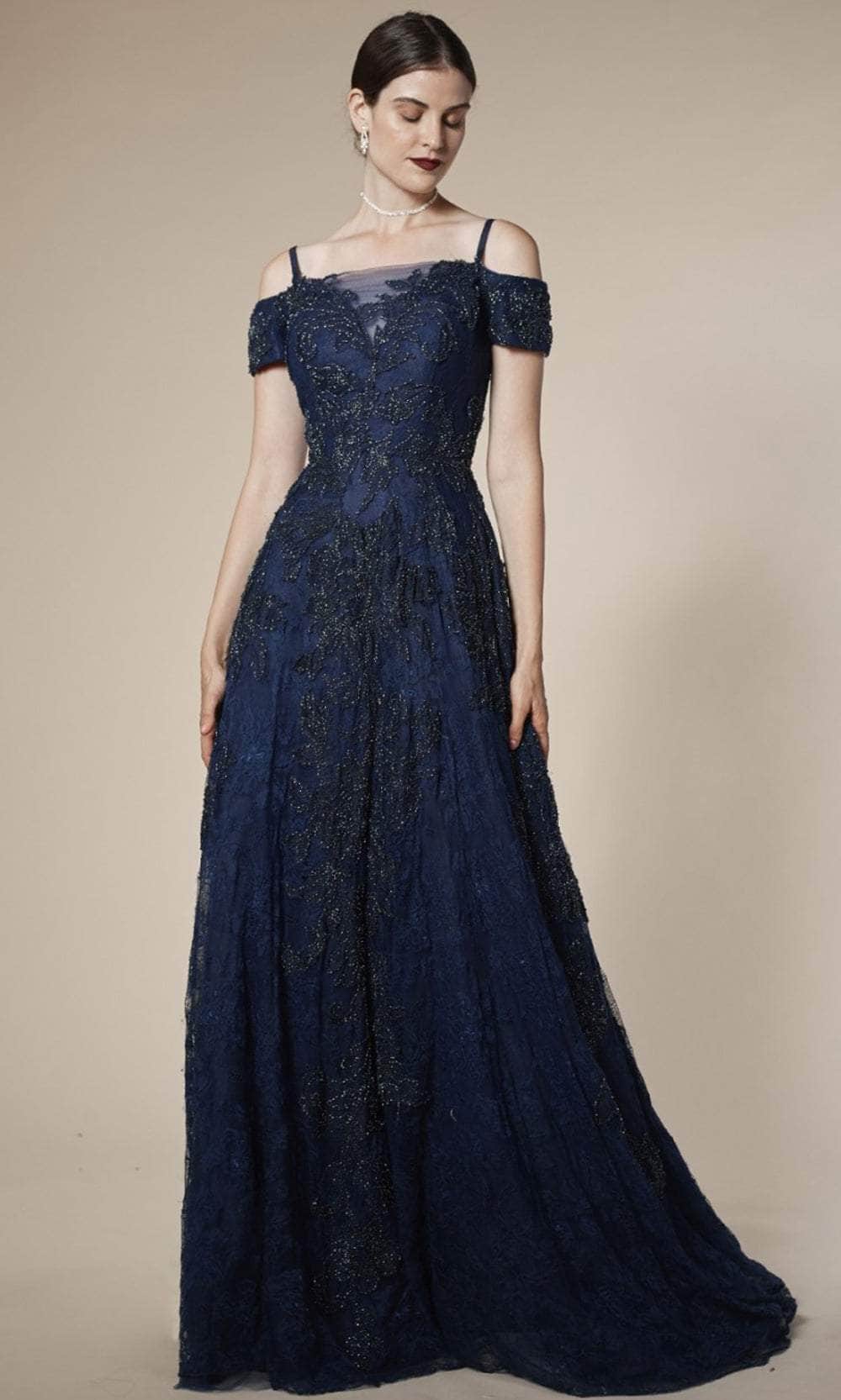 Cinderella Divine 5326 - Cold Shoulder Floral Lace Gown Special Occasion Dress 6 / Navy