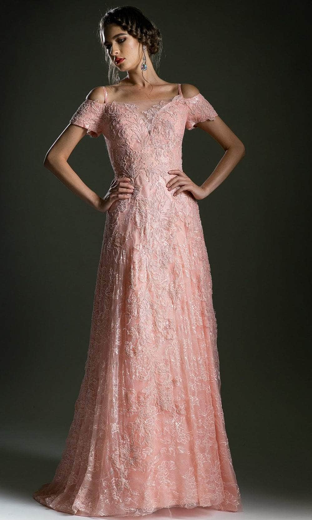Cinderella Divine 5326 - Cold Shoulder Floral Lace Gown Special Occasion Dress 6 / Peach