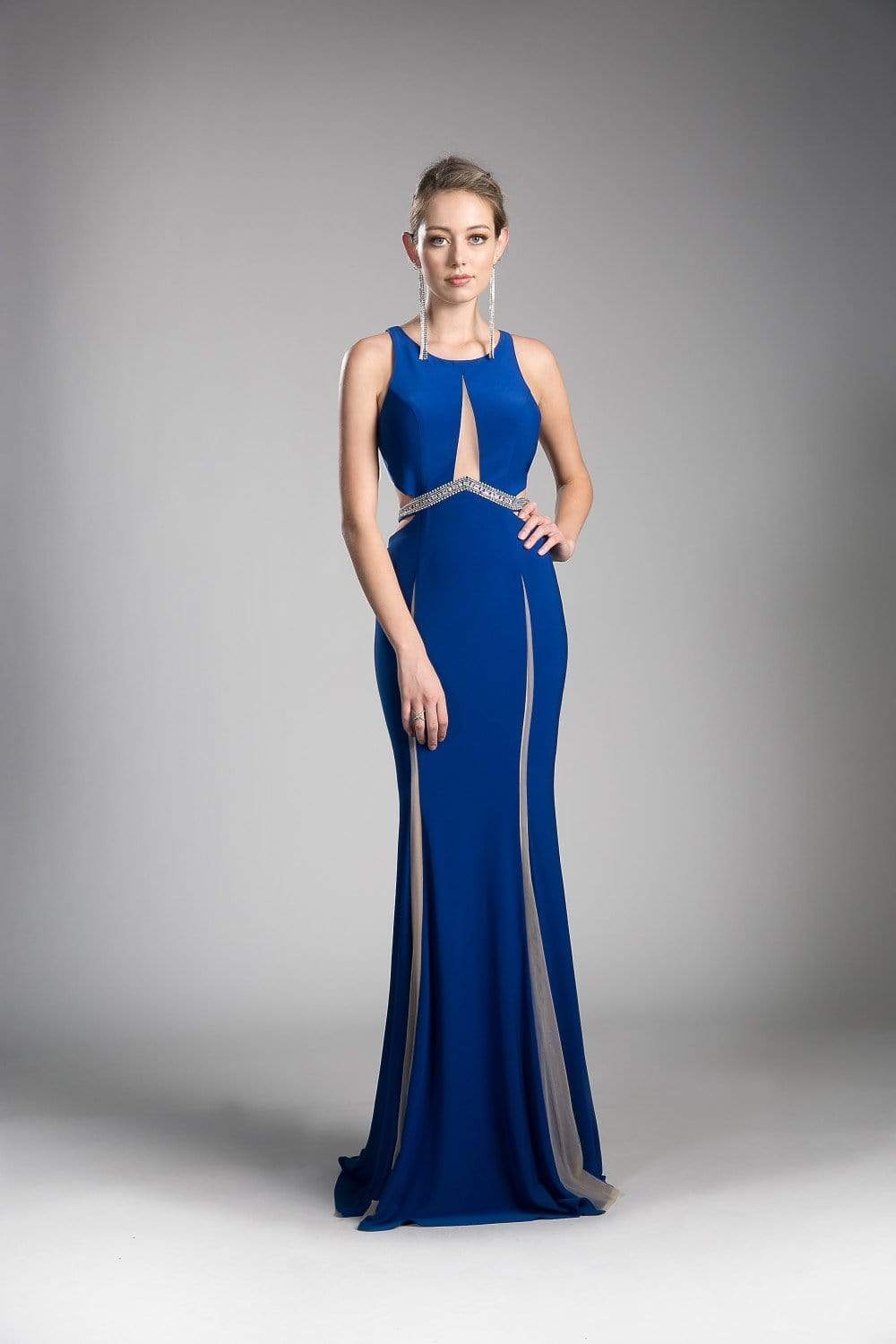 Cinderella Divine - 62806 Peaked Illusion Paneled Cutout Long Gown Special Occasion Dress 2 / Royal