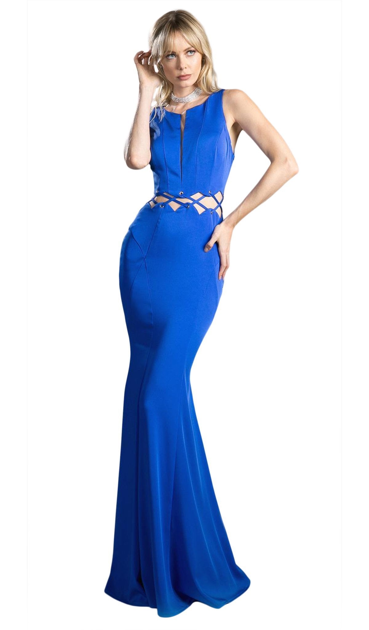Cinderella Divine - 6485 Plunging Notched Lace-Up Cutout Long Gown Evening Dresses 4 / Royal