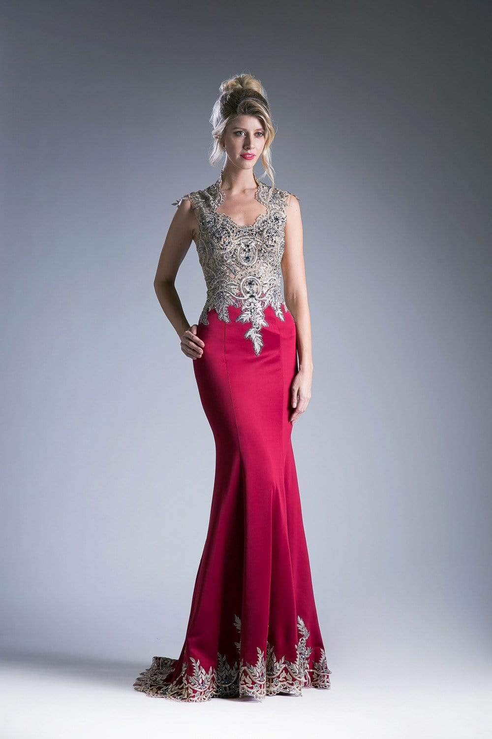 Cinderella Divine - 7263 Cap Sleeve Gilded Lace Queen Anne Long Gown Special Occasion Dress 2 / Burgundy