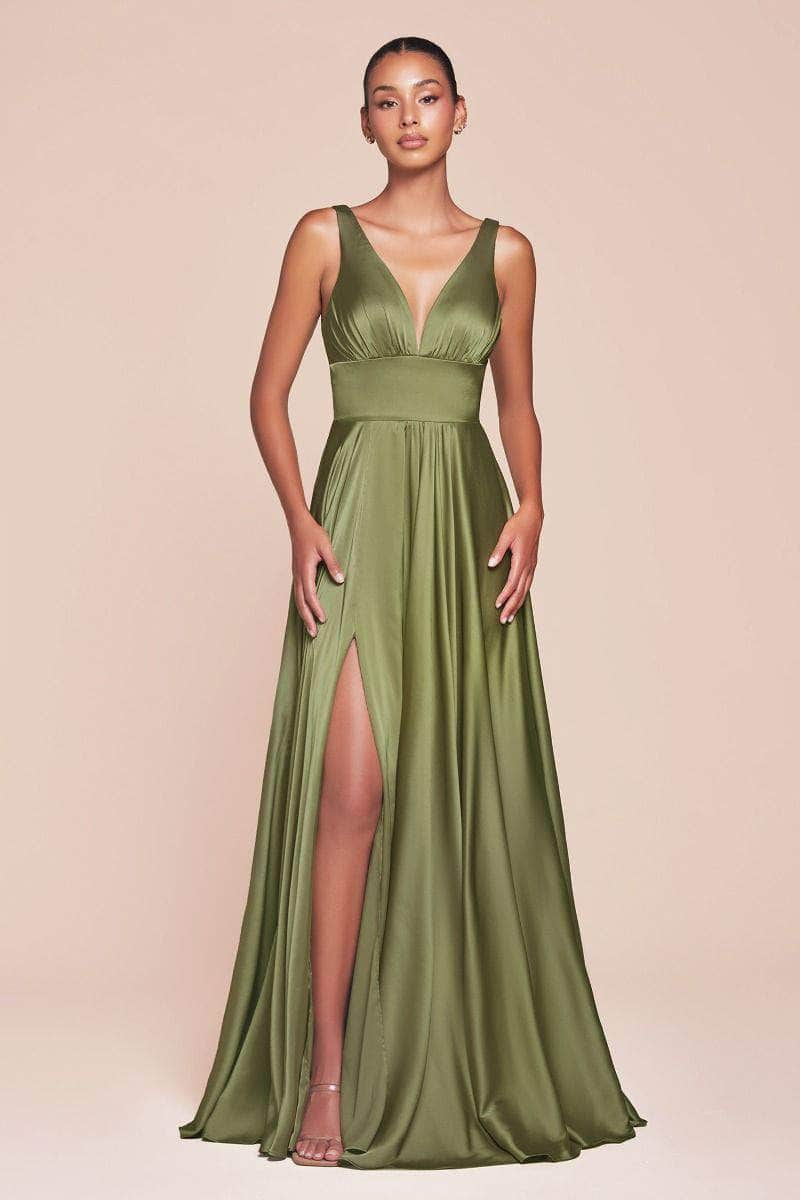 Cinderella Divine - 7469 Satin V-Neck A-Line Dress with Slit Bridesmaid Dresses 2 / Greenery