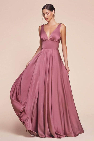 Cinderella Divine - 7469 Satin V-Neck A-Line Dress with Slit Bridesmaid Dresses 2 / Mauve Rose