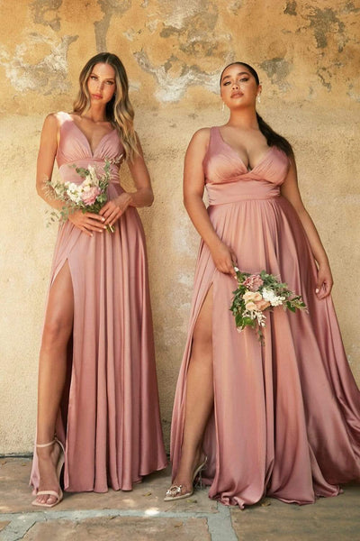 Cinderella Divine - 7469 Satin V-Neck A-Line Dress with Slit Bridesmaid Dresses 2 / Rose Gold