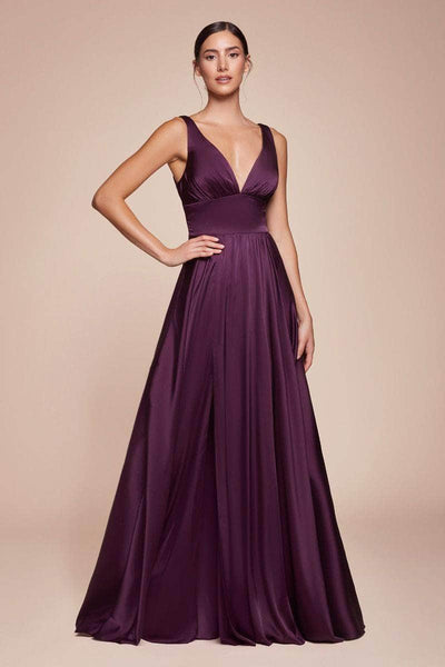 Cinderella Divine - 7469 Sleeveless V Neck Flowing Satin Gown Bridesmaid Dresses 2 / Eggplant