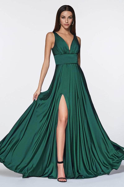 Cinderella Divine - 7469 Sleeveless V Neck Flowing Satin Gown Bridesmaid Dresses 2 / Emerald