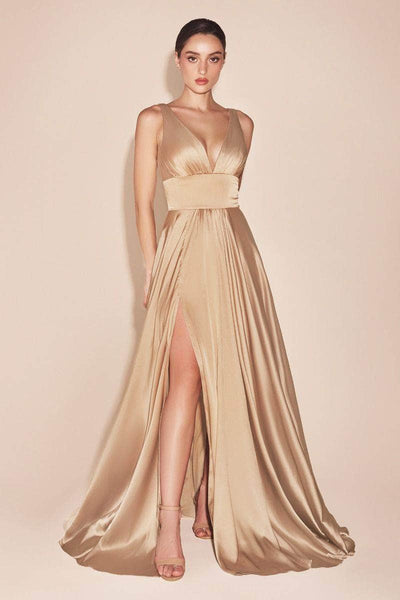 Cinderella Divine - 7469 Sleeveless V Neck Flowing Satin Gown Bridesmaid Dresses 2 / Gold