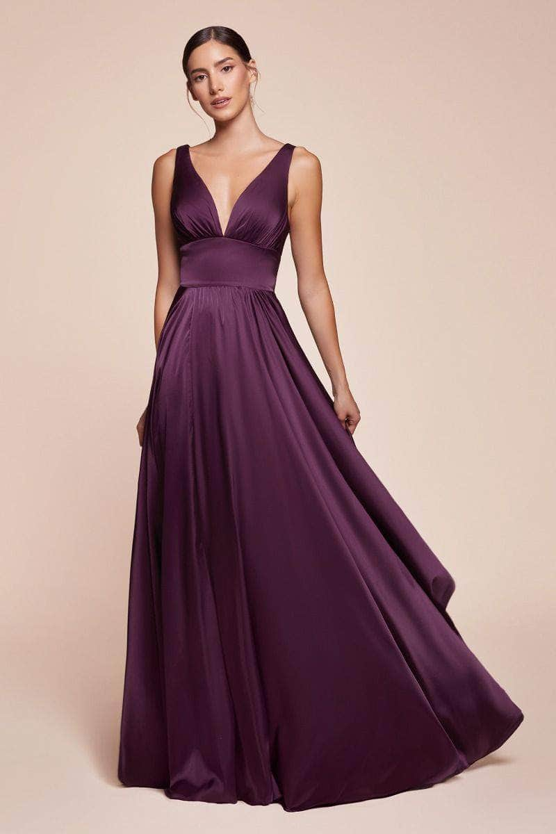 Cinderella Divine - 7469 Sleeveless V Neck Flowing Satin Gown Bridesmaid Dresses