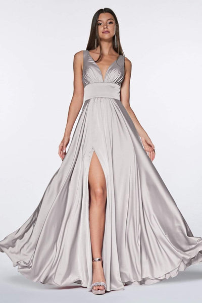 Cinderella Divine - 7469 V Neck High Slit Satin Flowy A-Line Dress Bridesmaid Dresses 2 / Silver