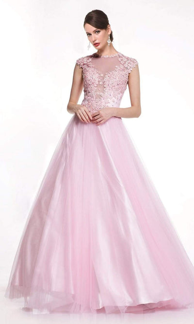 Cinderella Divine - 7635 Beaded Lace Illusion Jewel A-Line Dress Prom Dresses 2 / Baby Pink