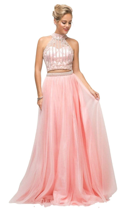 Cinderella Divine - 8994 Beaded Illusion High Halter A-Line Gown Special Occasion Dress 2 / Blush