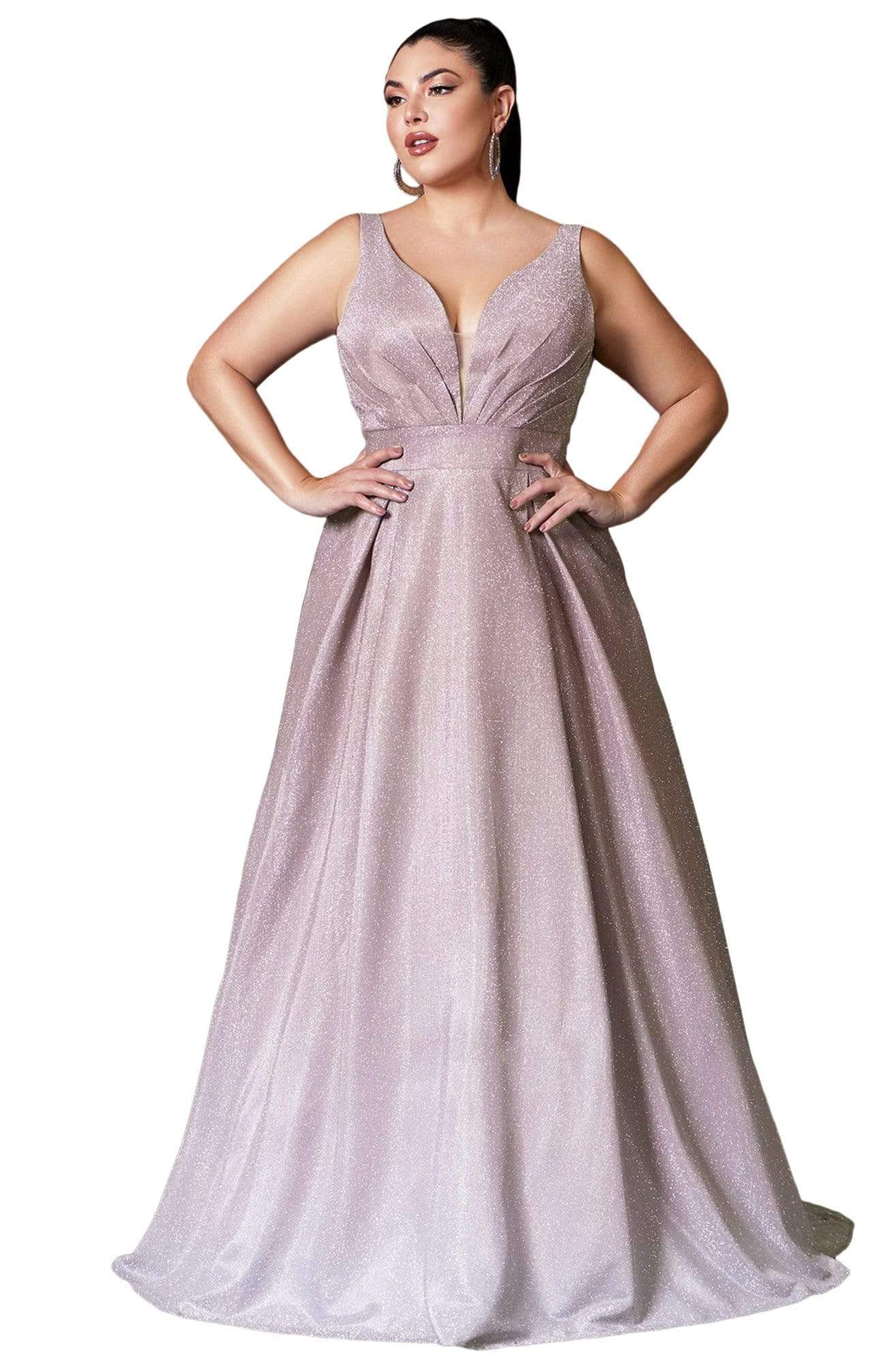 Cinderella Divine - 9174C Deep V-neck Pleated A-line Gown Prom Dresses 2X / Mauve
