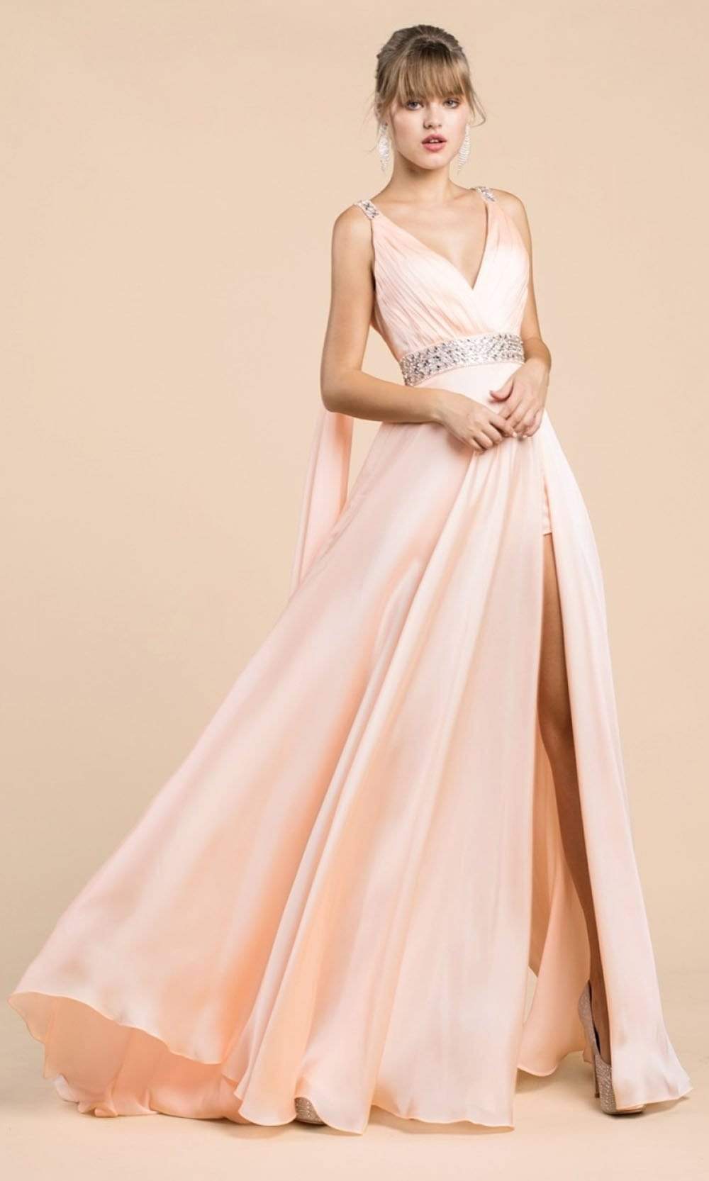 Ladivine - A0065 Satin High Slit Caped Evening Gown Evening Dresses 2 / Blush