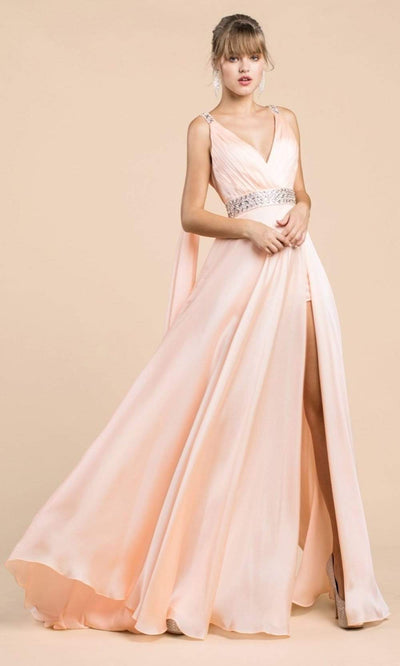 Ladivine - A0065 Satin High Slit Caped Evening Gown Evening Dresses 2 / Blush