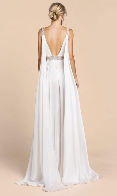 Ladivine - A0065 Satin High Slit Caped Evening Gown Evening Dresses 2 / Off White