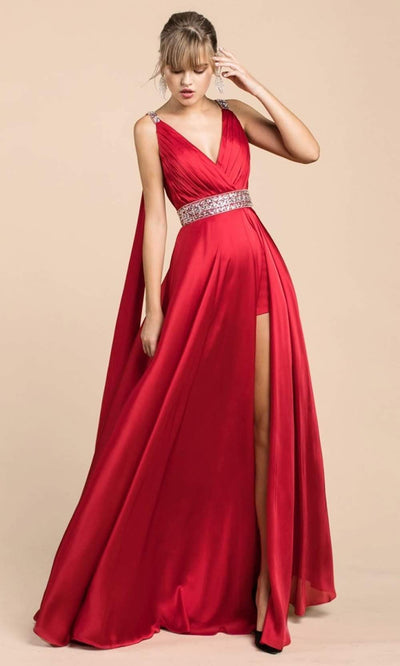 Ladivine - A0065 Satin High Slit Caped Evening Gown Evening Dresses 2 / Red