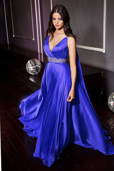 Ladivine - A0065 Satin High Slit Caped Evening Gown Evening Dresses 2 / Royal