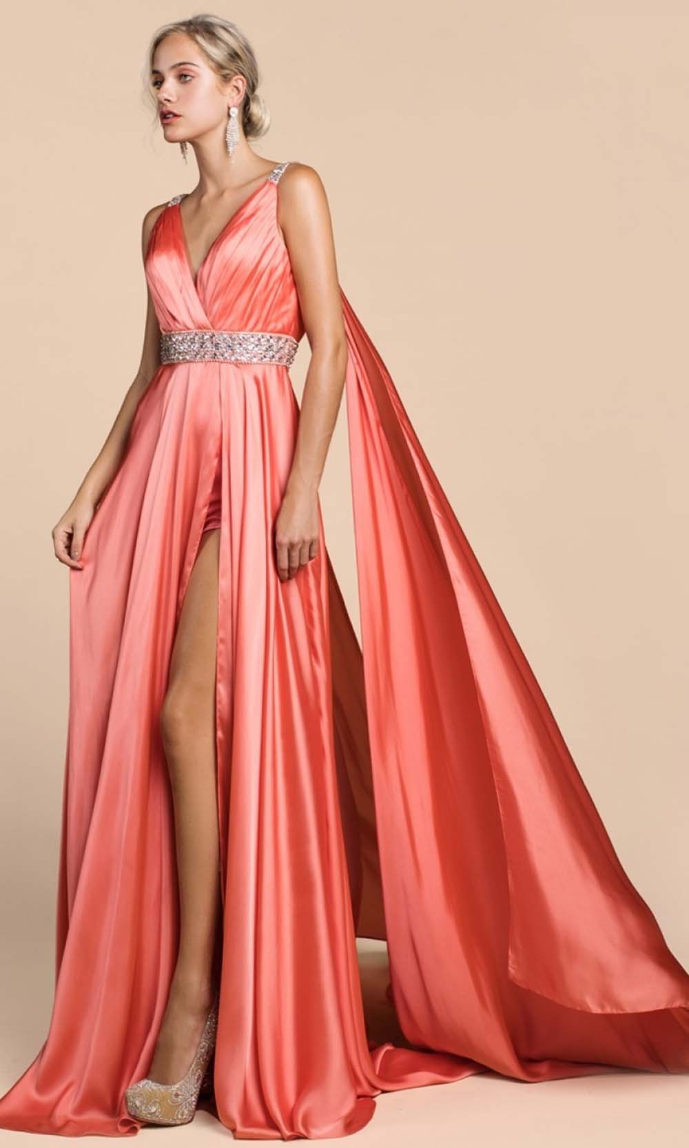 Ladivine - A0065 Satin High Slit Caped Evening Gown Evening Dresses