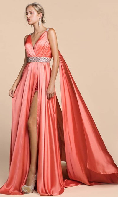 Ladivine - A0065 Satin High Slit Caped Evening Gown Evening Dresses
