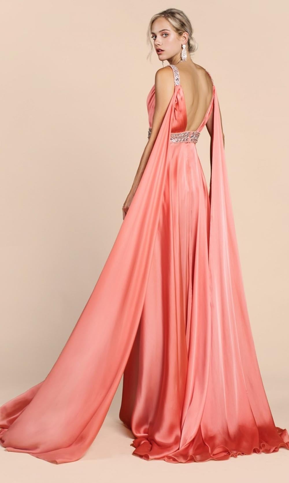 Ladivine - A0065 Satin High Slit Caped Evening Gown Evening Dresses