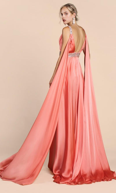 Ladivine - A0065 Satin High Slit Caped Evening Gown Evening Dresses