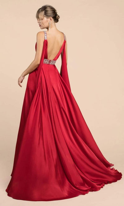 Ladivine - A0065 Satin High Slit Caped Evening Gown Evening Dresses