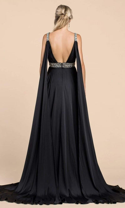 Ladivine - A0065 Satin High Slit Caped Evening Gown Evening Dresses