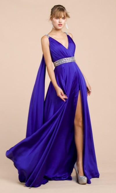 Ladivine - A0065 Satin High Slit Caped Evening Gown Evening Dresses