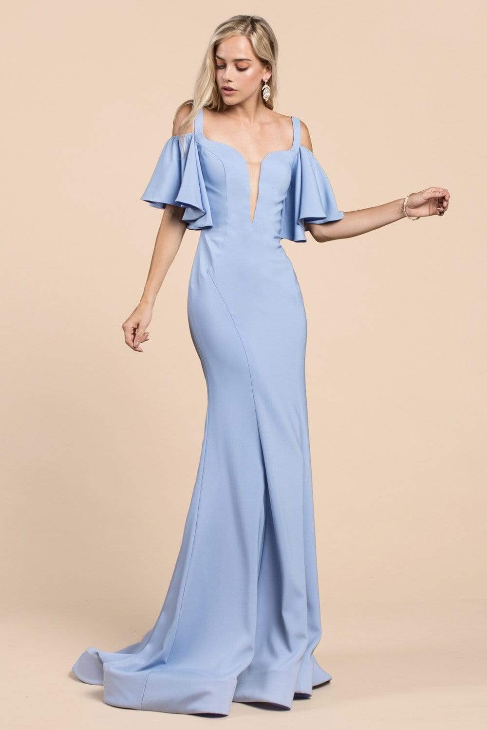Cinderella Divine - A0079 Cold Off-Shoulder Flair Sleeves Mermaid Gown Evening Dresses 2 / Powder Blue