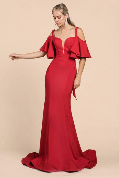 Cinderella Divine - A0079 Cold Off-Shoulder Flair Sleeves Mermaid Gown Evening Dresses 2 / Red